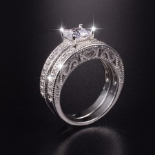 2ct Princess Cut Simulated Diamond Ring White Gold Plated Milgrain Bridal Set