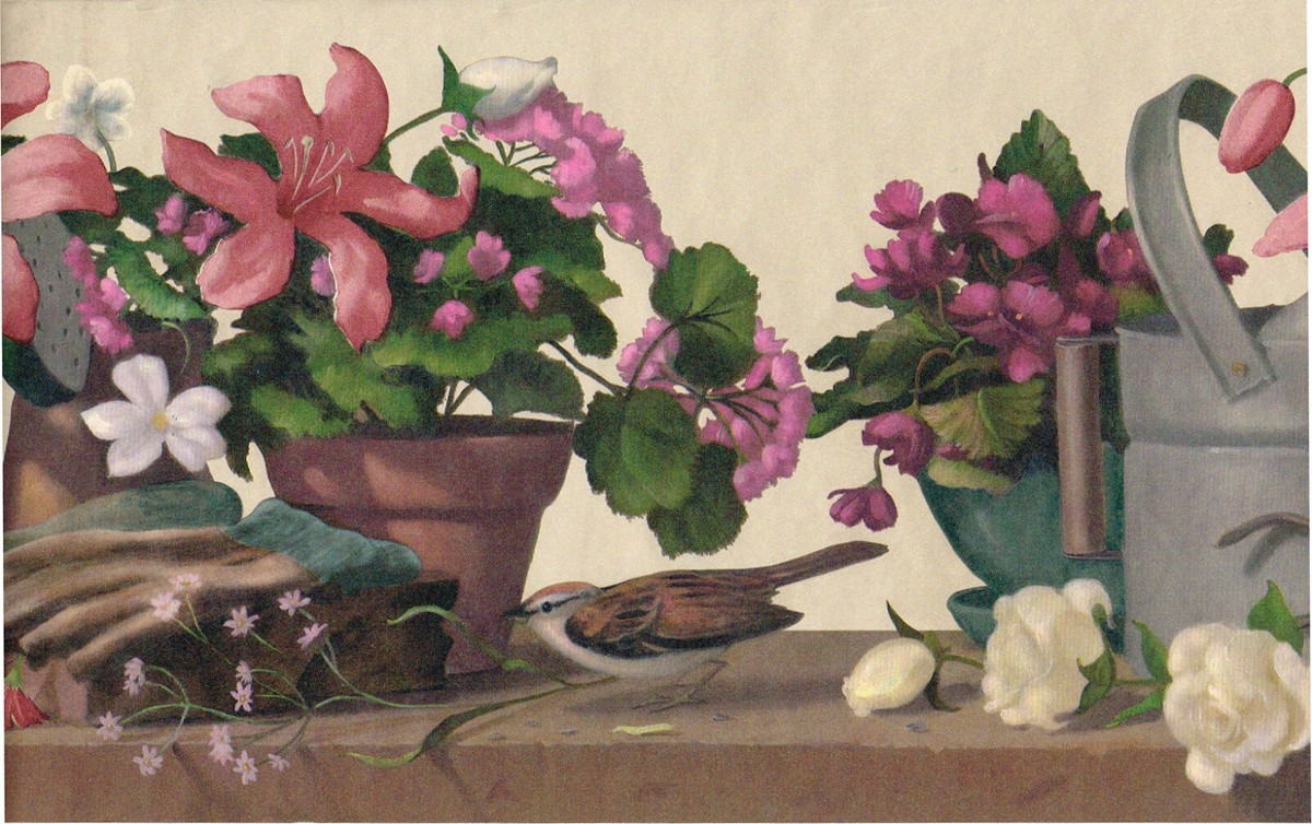 Watering Can Geranium Potted Day Lily Flower Garden Bird Nest