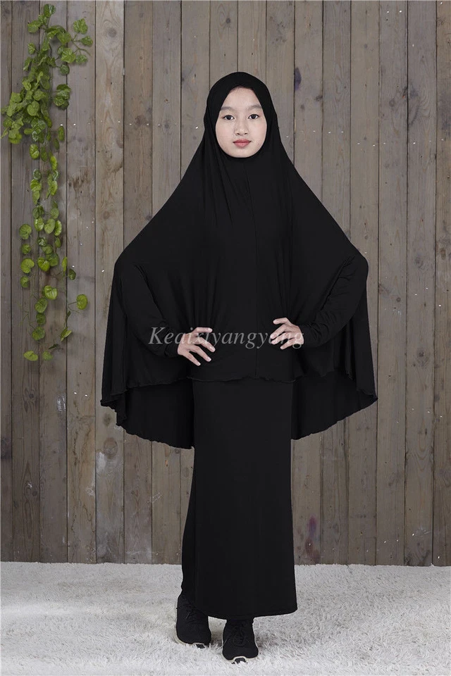 Maxi Vestido Largo de Oración para Niños Musulmanes Abaya Niños Niñas + Cubierta Completa Hiyab Árabe Foto 2 de 4