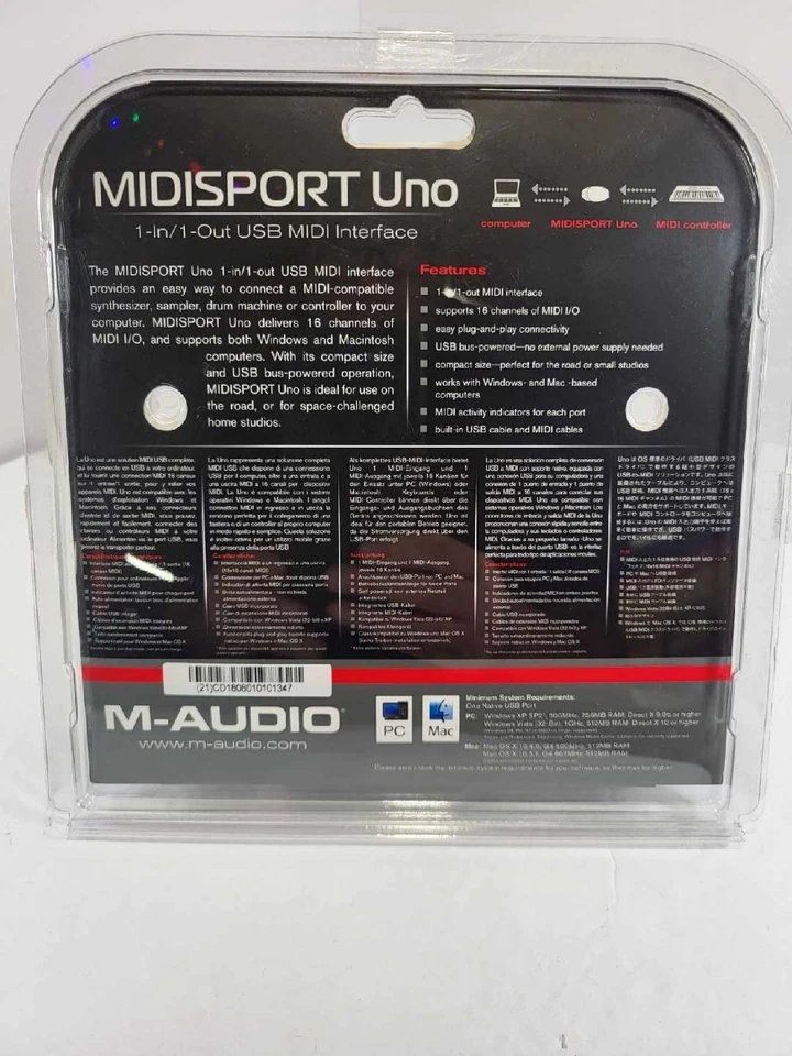 M AUDIO MIDISPORT Uno 1-in, 1-out  USB MIDI Interface New In Box - Image 2 of 2