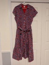 J. Crew Printed Tie Waist Tiered Midi Shirt Dress Size 20 Blue Red Foral