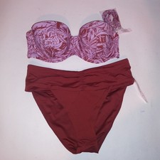 Victoria's Secret Swim Bikini 34D Top Medium Bottom Purple Ginger Floral Bandeau