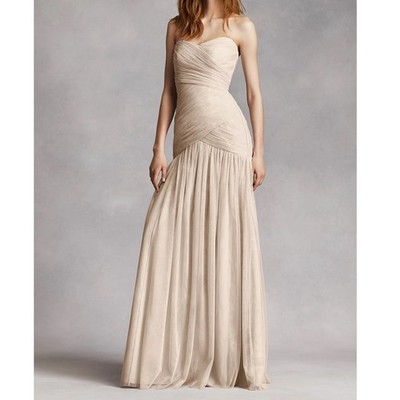 White by Vera Wang Champagne Tulle Gown Size 4 Bridesmaid Dress Long Trumpet