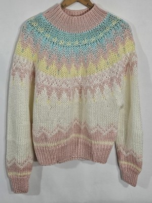 Vtg 80s  Ivy Women's Sz M Hand Knit Sweater Chunky Fair Isle Nordic Acrylic