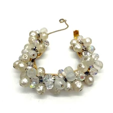 Vintage Juliana Cha Cha Bracelet White Clear Beads Gold Tone Size 6.5 READ