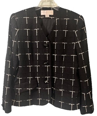 Doncaster 100% Silk Jacket Long Sleeve Sz. 14 V-Neck Black/White Check 3 Button