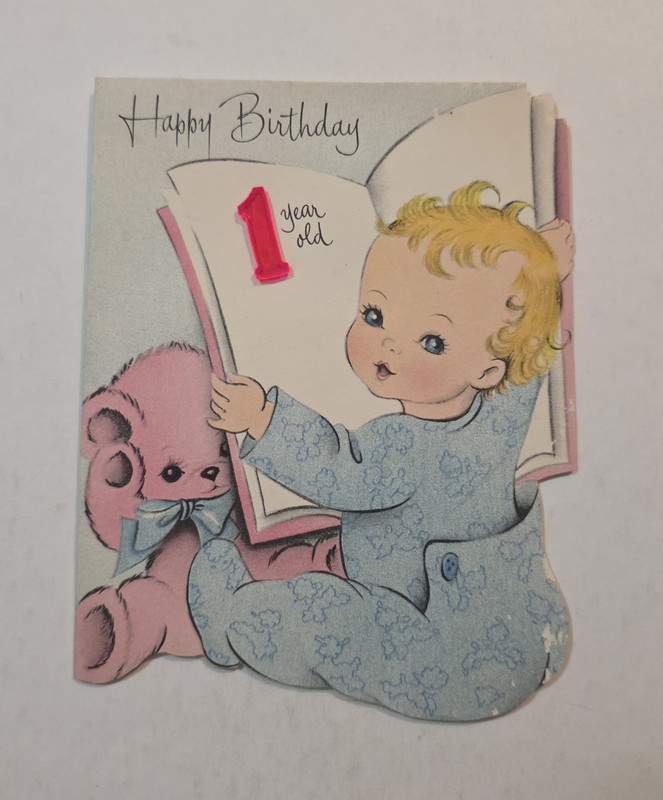 Vintage 1st Birthday Greeting Card Baby Pink Teddy Bear Die Cut Happy Birthday
