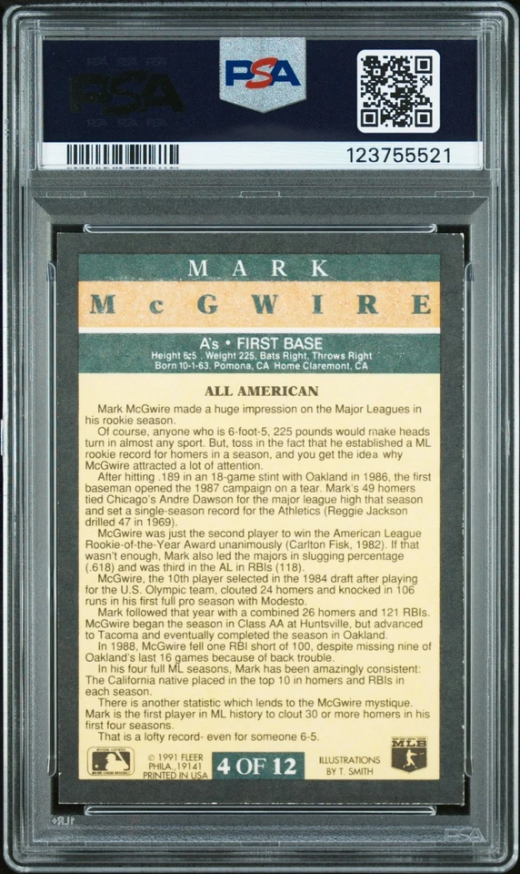 Mark McGwire 1991 Fleer Pro-Visions Signed Card #4 PSA 8 Auto 10 Cert # 23755521 - Image 2 of 2