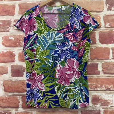 Susan Graver Top Womens Medium Multicolor Tropical Floral Liquid Knit Shirt