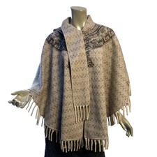 Wool South American Poncho Cape One Size Beige Wool Aztec Graphics Fringed