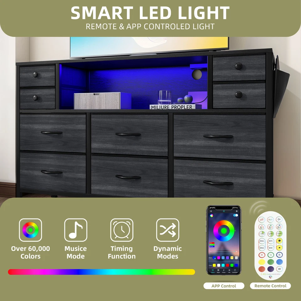 Cômoda preta 10 gavetas porta USB ajustável LED armário organizador de quarto - Imagem 4 de 4