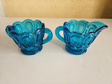L. E. Smith Glass Moon & Stars Pattern Turquoise Blue Set Creamer Sugar Bowl