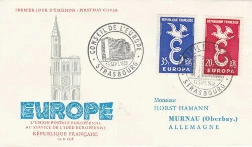 France 1958 Europa FDC Strasbourg special cancel unaddressed VGC