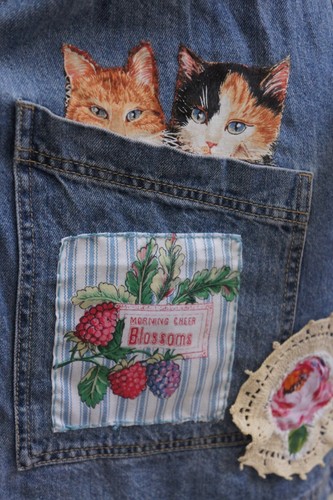 Handmade Upcycled Applique Denim Jean Overalls Cat and Flowers Dress - Picture 8 of 15