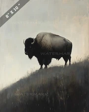 8x10 Matte Print Realistic Oil Painting of Bison Standing on Grassy Hill