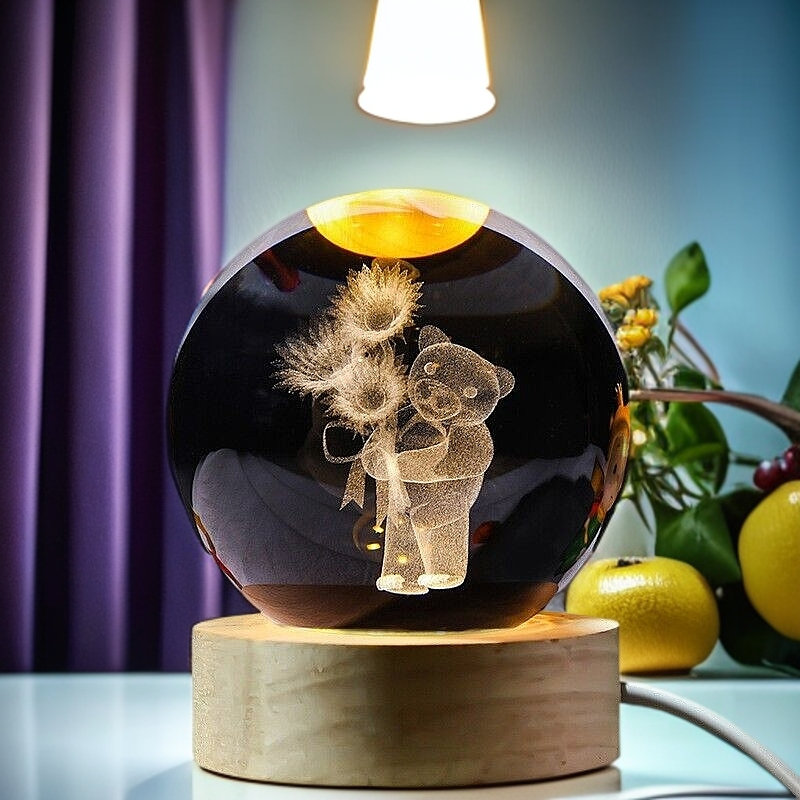3D Carved Bear & Flower Crystal Ball Night Light with Wooden Base - Perfect Kids Gift