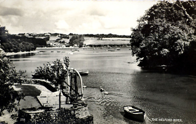 Postkarte Helford Flussufer Mündung Boot Schwan Angeln Cornwall Cornish Panorama