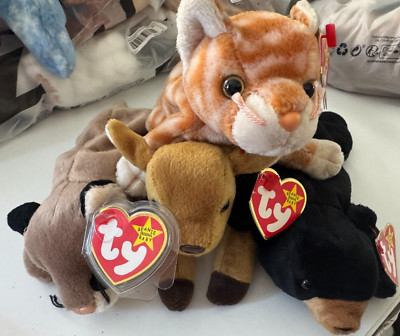 Lot of 4 TY Beanie Babies ~ Amber, Canyon, Whisper, Blackie ~ Cat, Bear, Deer