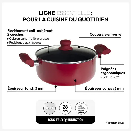 Faitout rouge 28cm Essentielle pour vos grands plats mijotés