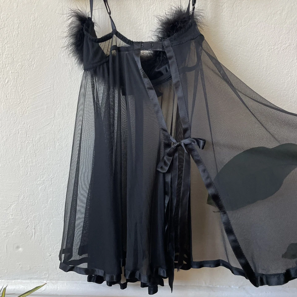 NWOT rare 90s Victoria’s Secret black marabou fur feather babydoll top - Изображение 4 из 4