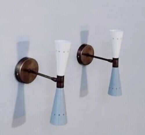 Stilnovo Style Lamps Pair Of Wall Sconces Mid Century Handcrafted White & Blue