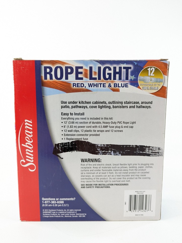 SUNBEAM 12 ft Rope Light – Red White Blue – Indoor/Outdoor Patriotic ...