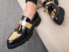 Men's Tassel Loafers Slip-on Faux Leather Patchwork Round Toe Shoes Casual Party