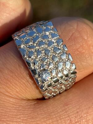 Men's Solid Sterling Silver Nugget Ring Solitaire single CZ Hip Hop Plain Heavy