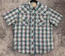 Wrangler Shirt Mens XL Gray Green Blue Plaid Western Snap Pearl Short Sleeve