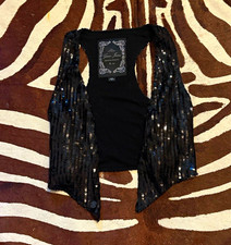 Guess Jeans Y2K vintage Black Sequin Sleeveless Open Front Vest Womens Size S