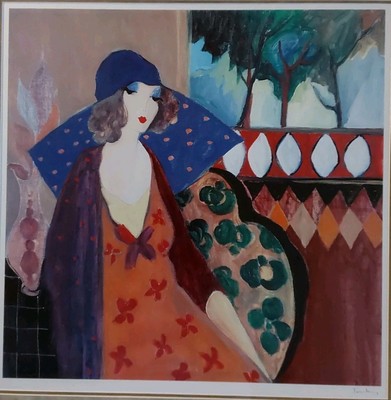 Itzchak Tarkay Framed Serigraph Art Print “INDIGO CHAPEAU” Large