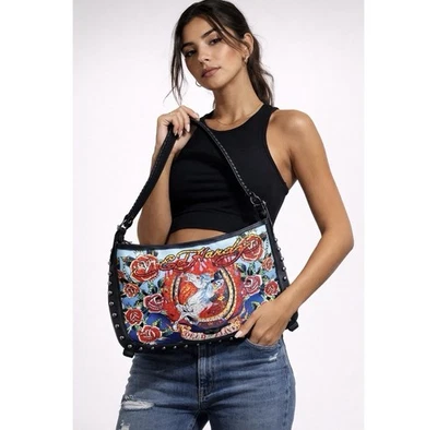 Ed Hardy Sac Bandoulière Grand Hobo Dead Or Alive Strass Cheval Tatouage NWT - Photo 1/4