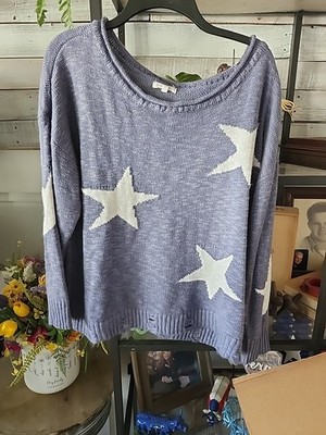 Maurices Sweater Women Celestial Boho Star Distressed Hem Knit Size 1X Blue Cozy