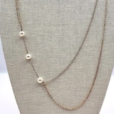 Vintage 90s Faux Pearl Gold Tone Double Strand Chain Necklace Minimalist Jewelry