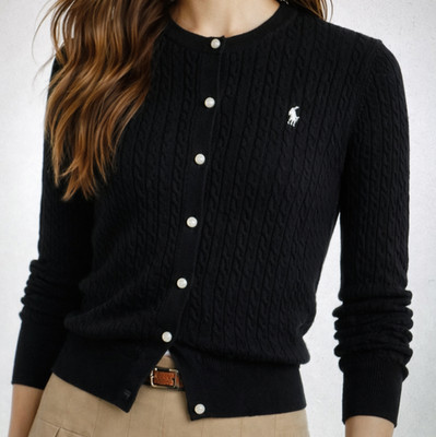 Polo Ralph Lauren Girl s Cotton Cable Knit Cardigan BLACK Size L (12-14) NWT