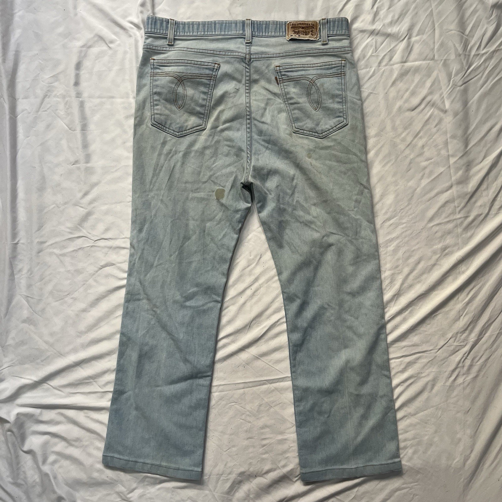 Vintage 80’s Levi's 857 38x32 Orange Tab Light Blue Distressed Flared Jeans 