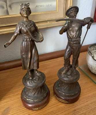 Ancienne paire de statuettes en régule allégorie semeuse et récolte 1900's - Photo 1/4