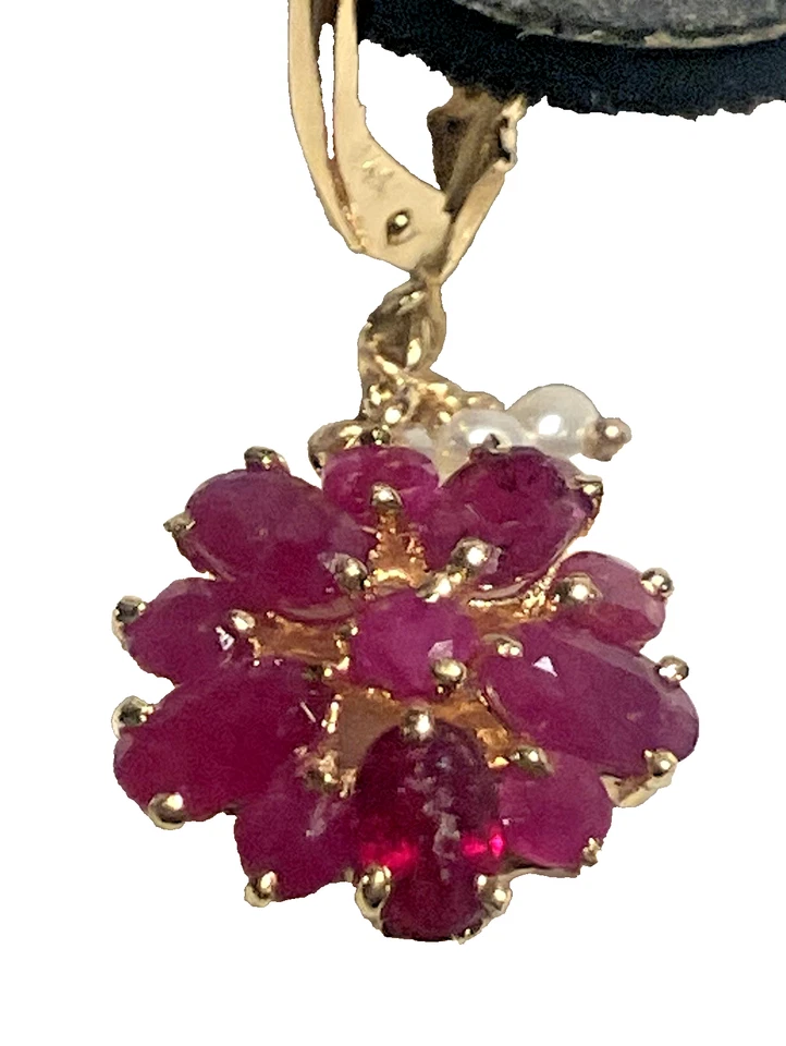 Pendientes vintage de rubí y perlas naturales en oro de 14K Foto 4 de 4