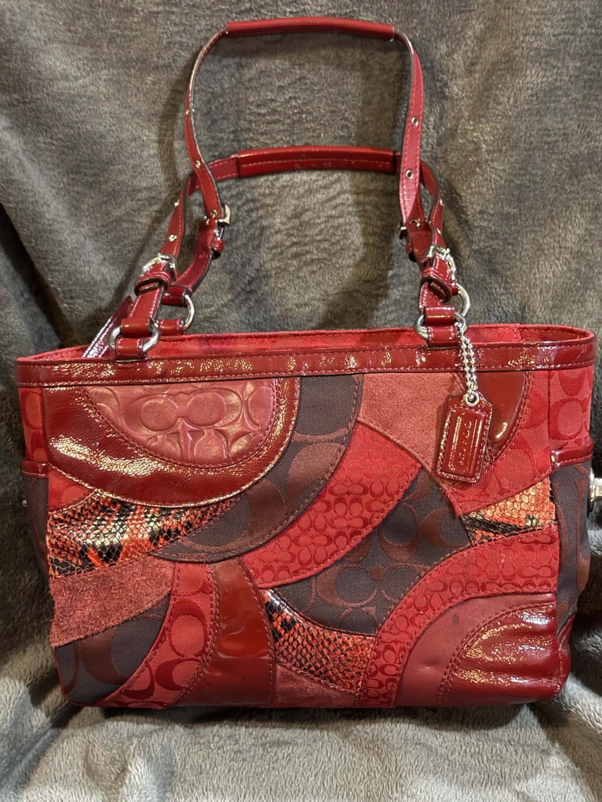 Coach Patchwork Red Leather, Canvas & Suede Shoul… - image 1