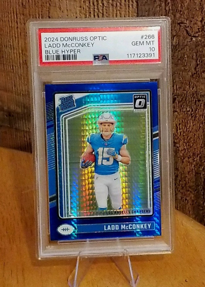 2024 Donruss Optic Ladd McConkey Blue Hyper Rated Rookie Prizm #266 PSA 10 RC