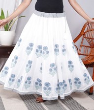 Maxi Falda Boho Larga Acampanada Floral Blanca Azul Gitana Estampado en Bloques de Algodón