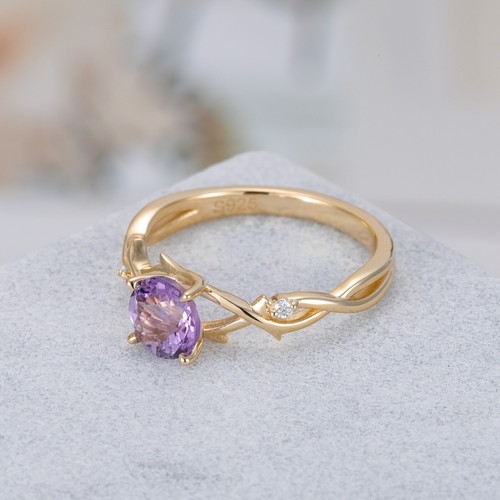 Anillo Amatista Plata Esterlina Púrpura Chapado en Oro Diseño Hoja Vintage Talla 10 - Imagen 3 de 8