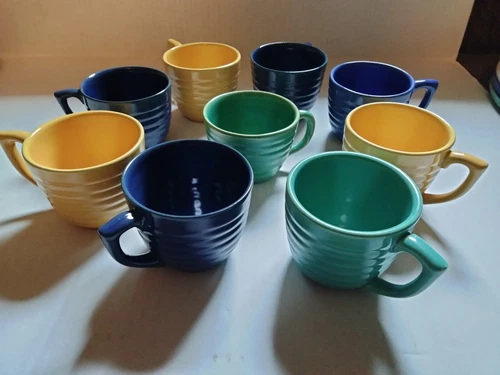 9 Vintage Bauer Ringware Cups 8 Matching Style Coffee Mugs Bauer LA Pottery