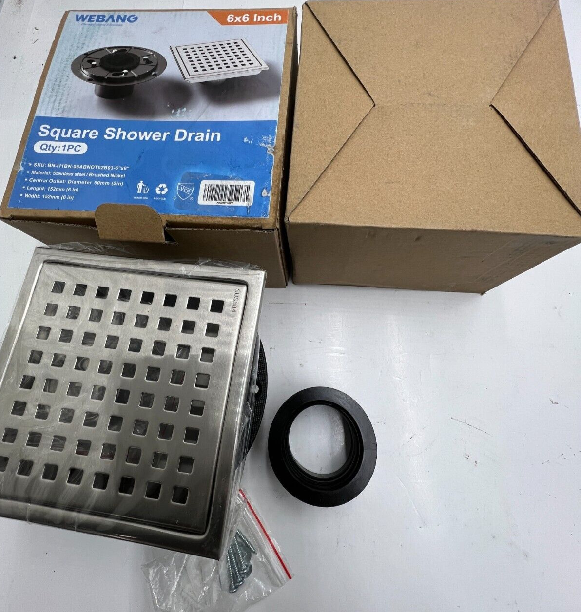 QTY 2 Webang 6x6 Inch Square Stainless Steel Shower Drain Brushed Nickel