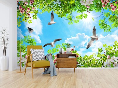 3D Green Branch Bird ZHUA745 Wallpaper Wall Murals Removable Self-adhesive Ann
