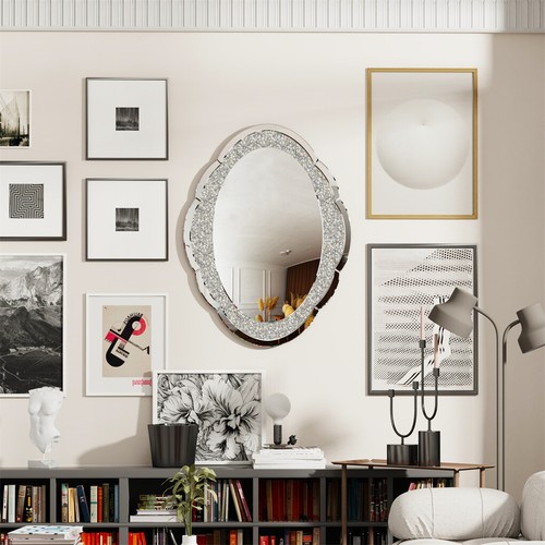 Sparkly Crystal Crushed Diamond Wall Mirror Oval Accent Mirror Bathroom Hallway - Picture 10 of 17