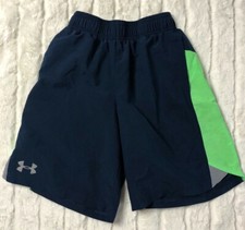    Under Armour Heatgear Boys YSM Navy Blue/Green Shorts Pockets   