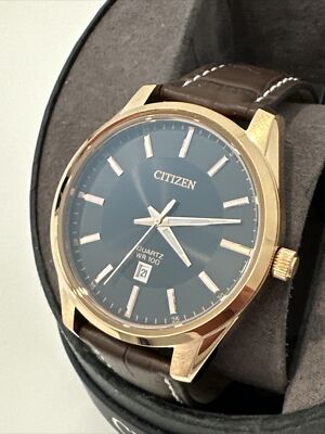Citizen Quartz Men's Rose Gold Calendar Brown Leather Watch 42MM BI1033-04E
