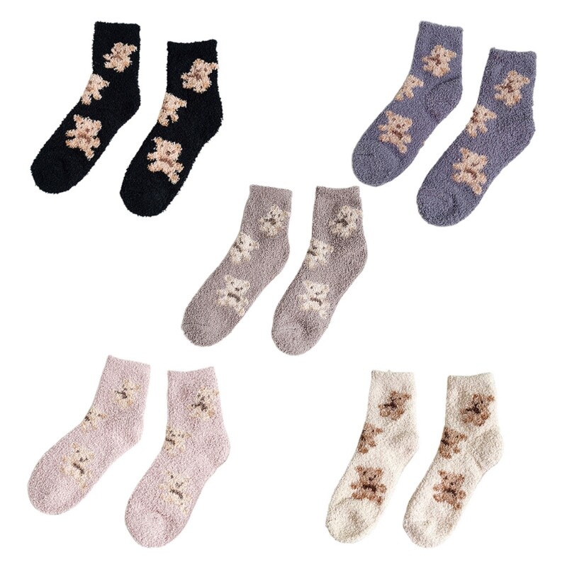 Women Coral Winter Fuzzy Slipper Socks Bear Animal Sleep Foot Warmer