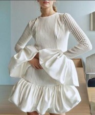 Womens Fashion Round Neck Falbala Long Sleeve Hip Package Knitted Dress SUNS